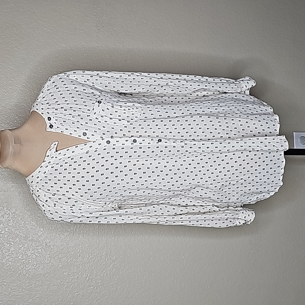 Free People White Button-Up Long Sleeve Top with Small Black Print